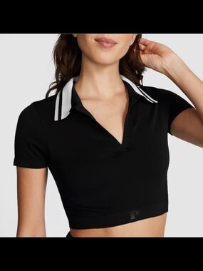PINK Victoria's Secret Black Cropped Polo with White and Cream Trim